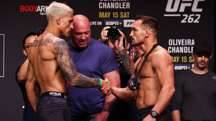 Charles Oliveira and Michael Chandler during weigh ins for UFC 262 at George R Brown Convention Center.